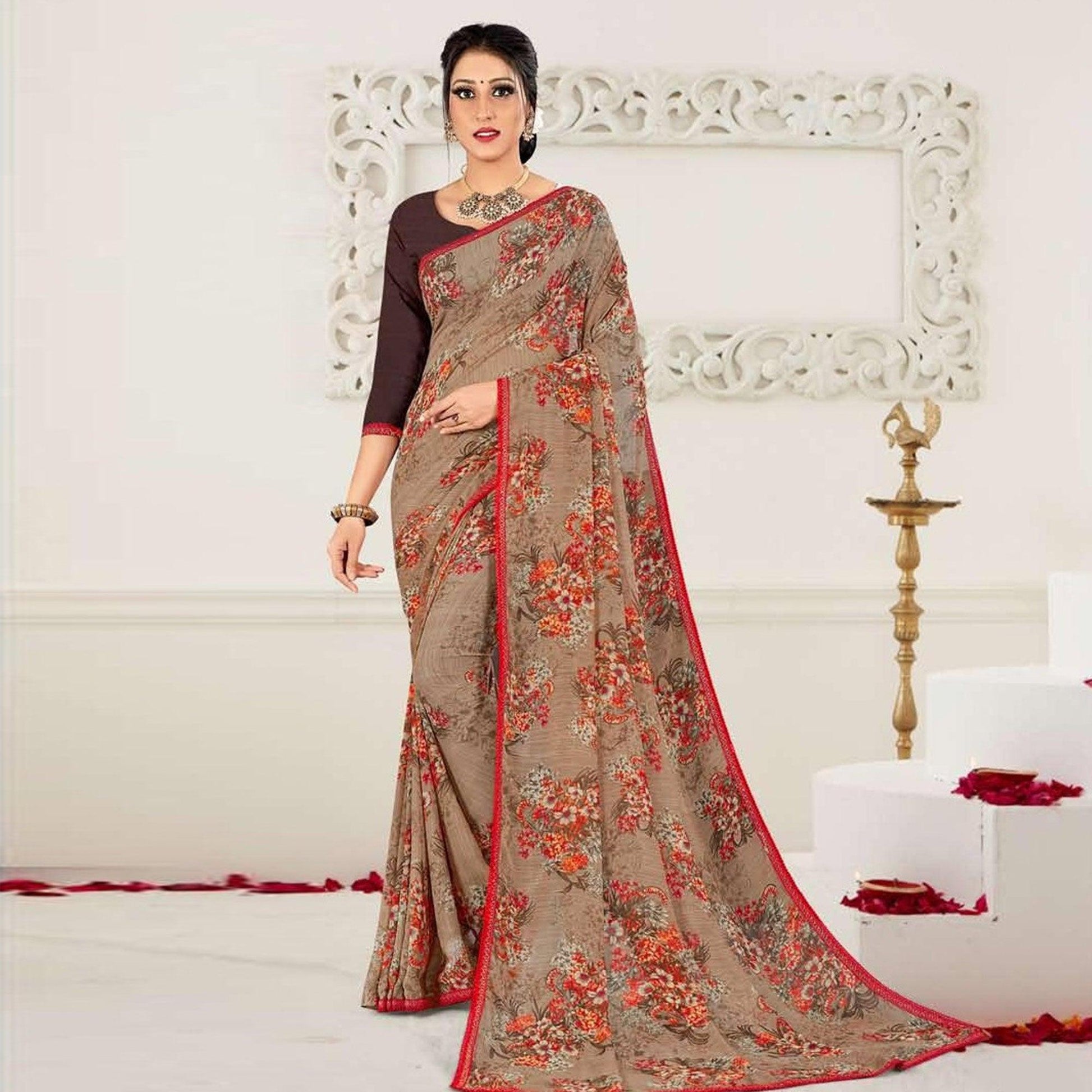 Coffee Casual Wear Floral Printed Georgette Saree
