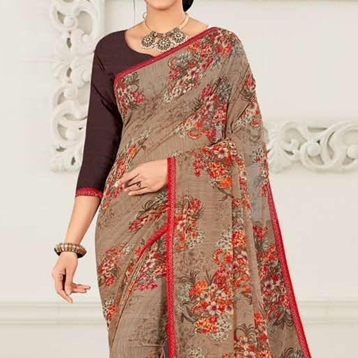 Coffee Casual Wear Floral Printed Georgette Saree