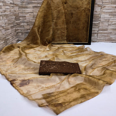 Coffee Casual Wear Printed Organza Saree