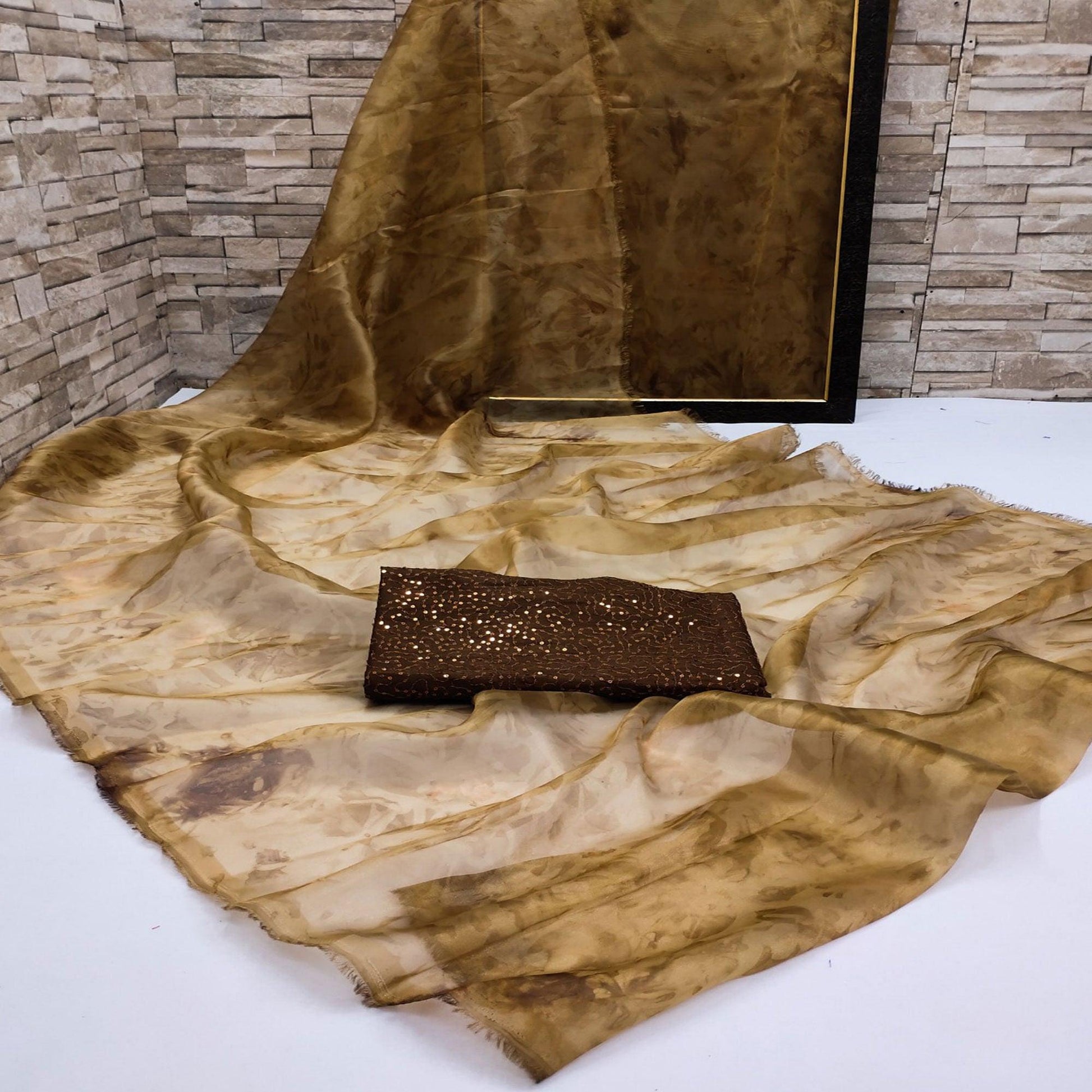 Coffee Casual Wear Printed Organza Saree