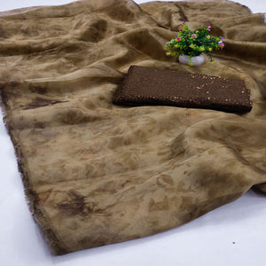 Coffee Casual Wear Printed Organza Saree