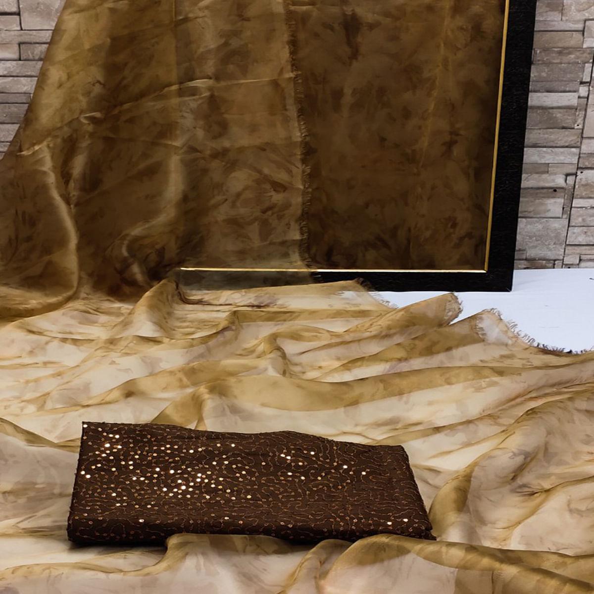 Coffee Casual Wear Printed Organza Saree