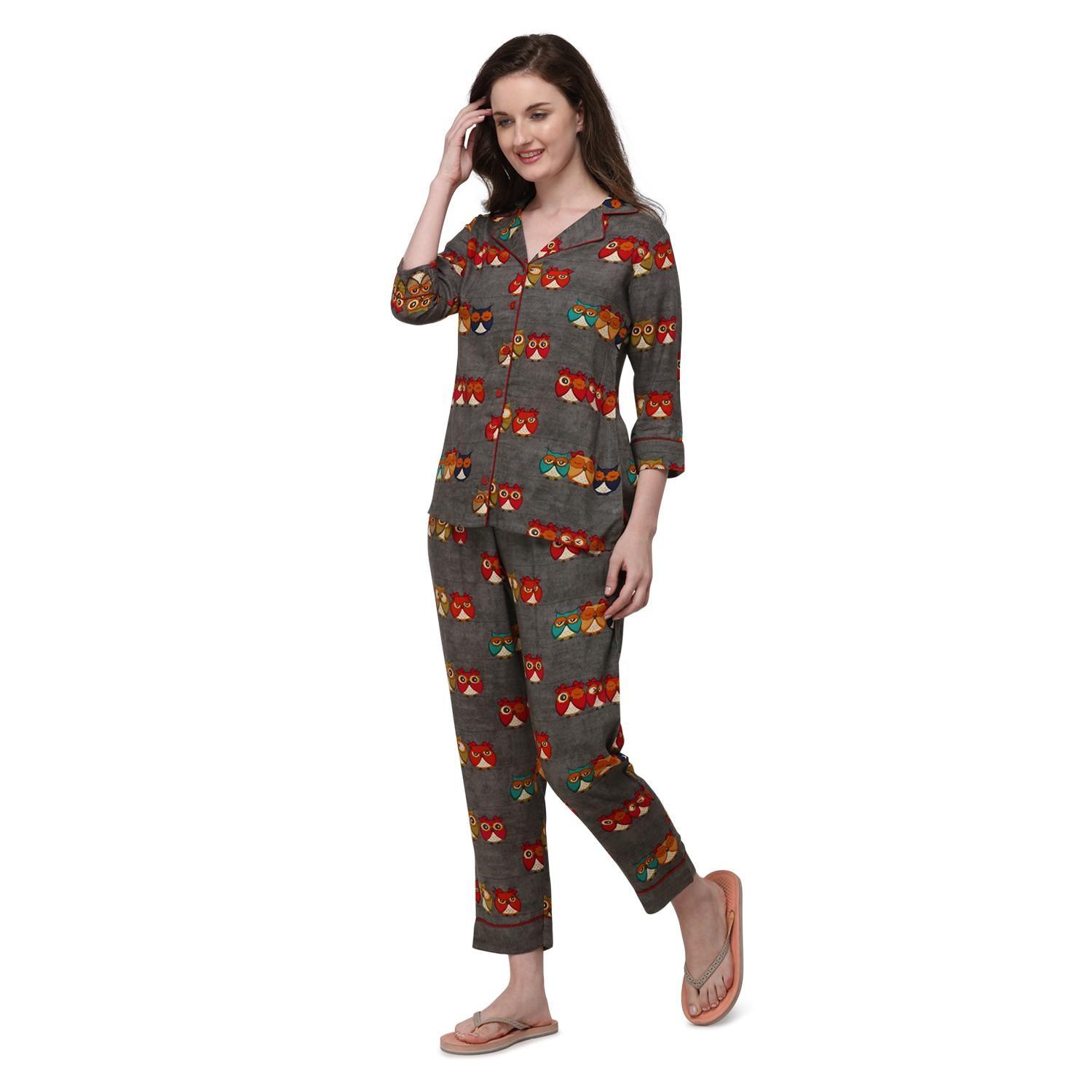 Coffee Casual Wear Printed Rayon Night Suit