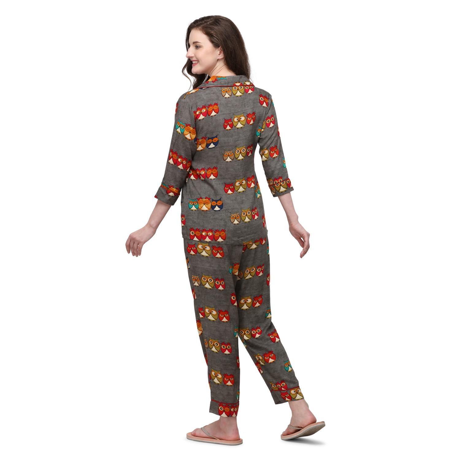 Coffee Casual Wear Printed Rayon Night Suit