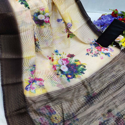 Coffee-Cream Festive Wear Floral Digital Printed With Woven Zari Border Cotton Saree