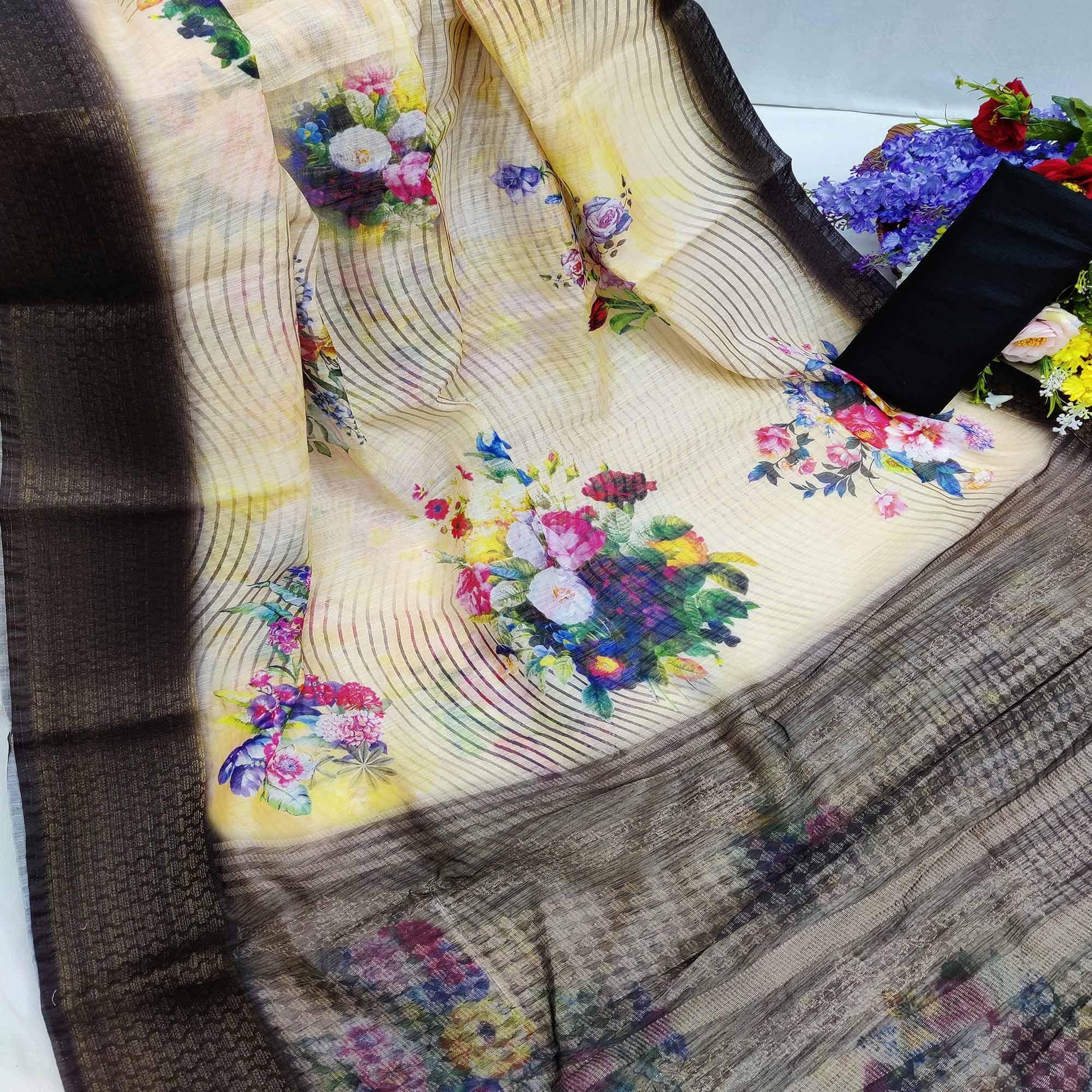 Coffee-Cream Festive Wear Floral Digital Printed With Woven Zari Border Cotton Saree