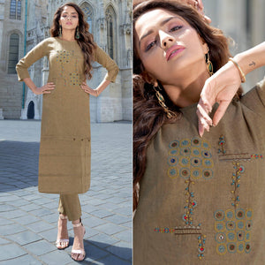 Coffee Embroidered Cotton Blend Kurti Pant Set