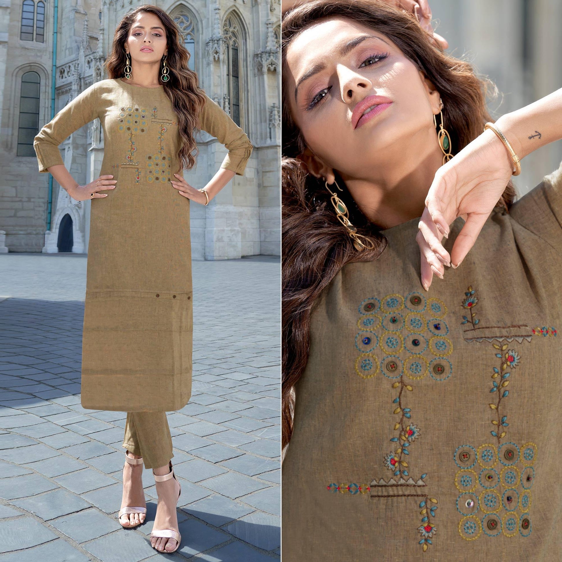 Coffee Embroidered Cotton Blend Kurti Pant Set