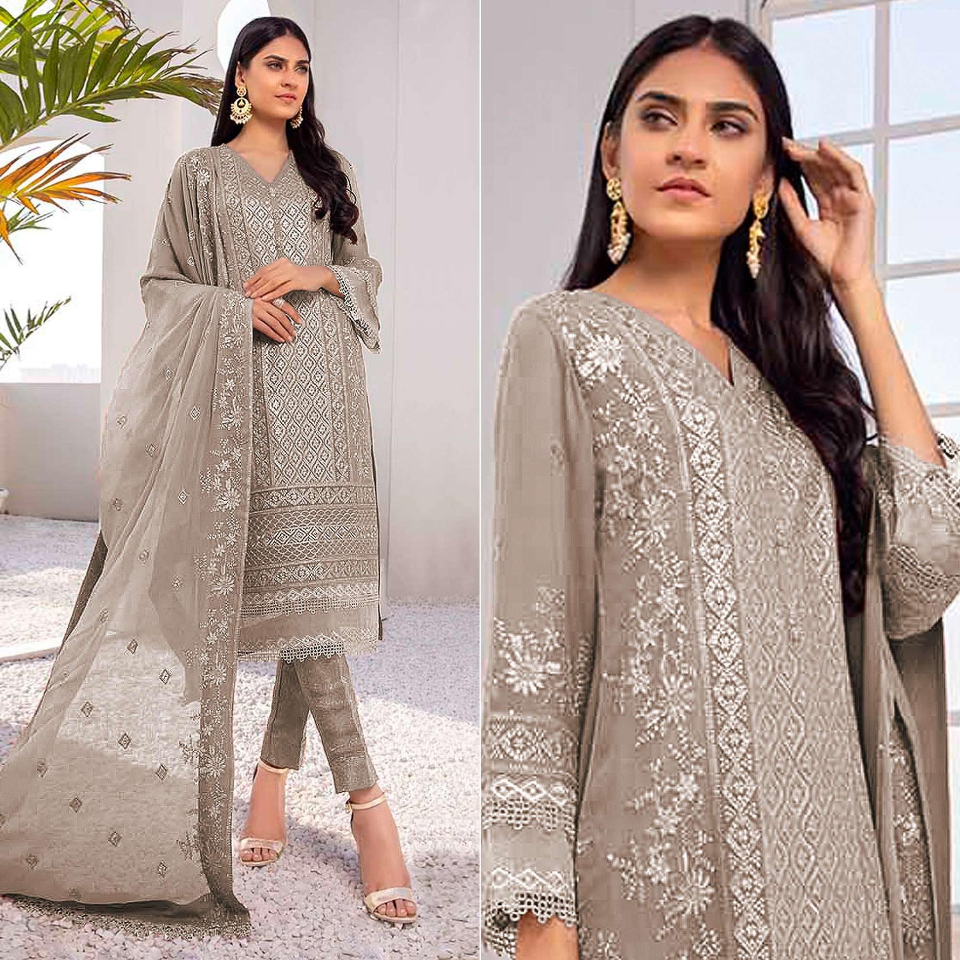 Coffee Embroidered Georgette Pakistani Suit