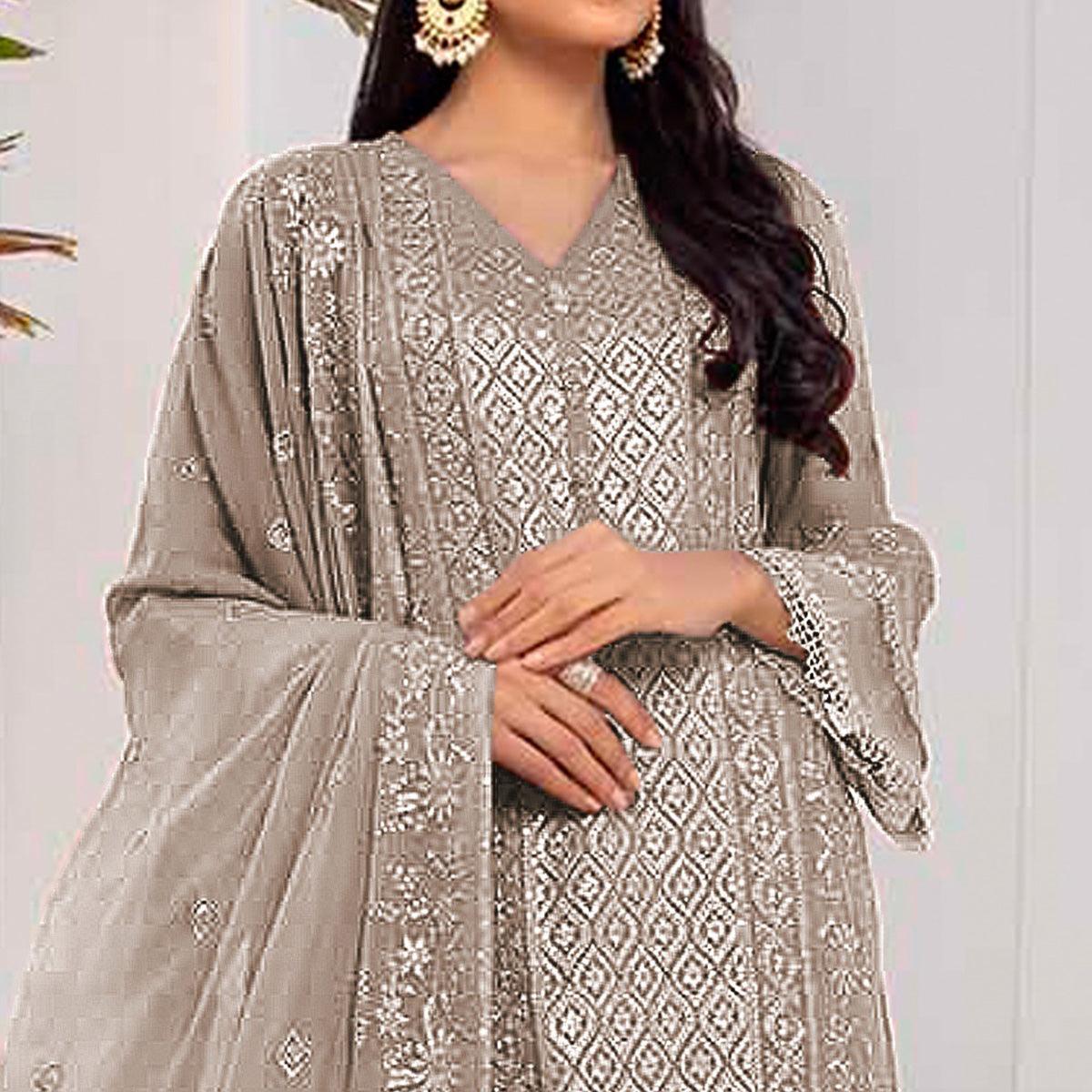 Coffee Embroidered Georgette Pakistani Suit