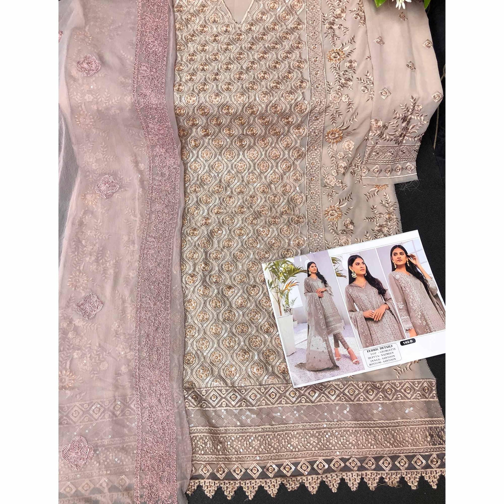 Coffee Embroidered Georgette Pakistani Suit