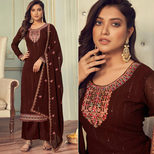 Coffee Embroidered Georgette Palazzo Suit