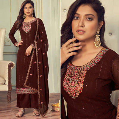 Coffee Embroidered Georgette Palazzo Suit