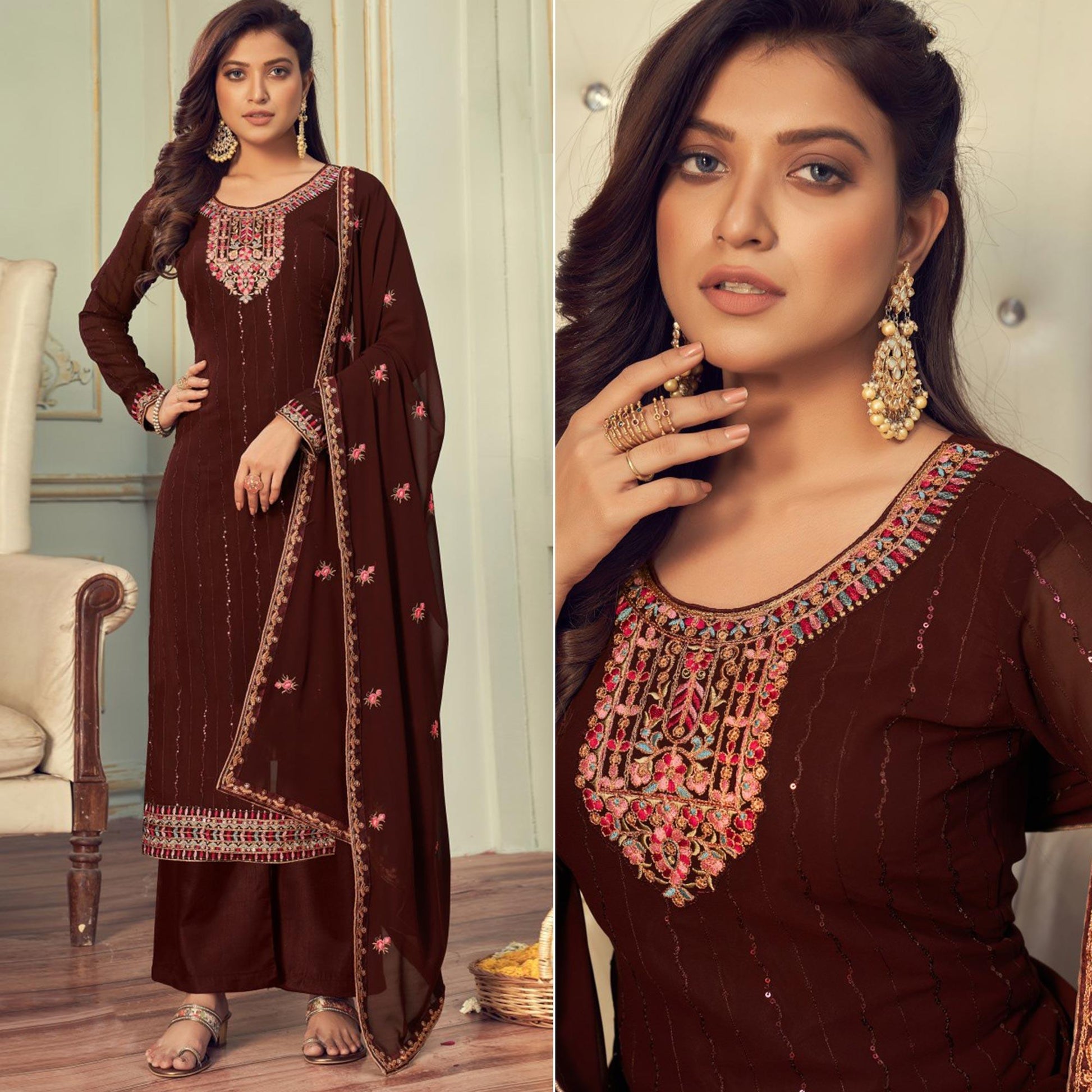 Coffee Embroidered Georgette Palazzo Suit