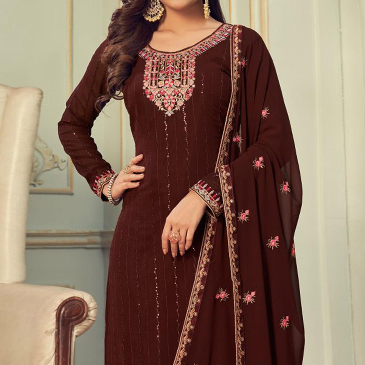 Coffee Embroidered Georgette Palazzo Suit