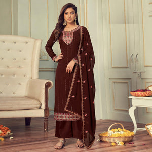 Coffee Embroidered Georgette Palazzo Suit