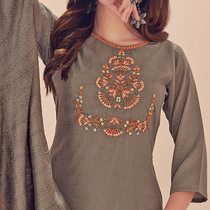 Coffee Embroidered With Embellished Chiffon Kurti Pant Set With Dupatta