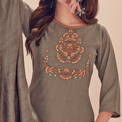 Coffee Embroidered With Embellished Chiffon Kurti Pant Set With Dupatta