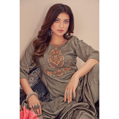 Coffee Embroidered With Embellished Chiffon Kurti Pant Set With Dupatta