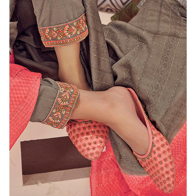 Coffee Embroidered With Embellished Chiffon Kurti Pant Set With Dupatta