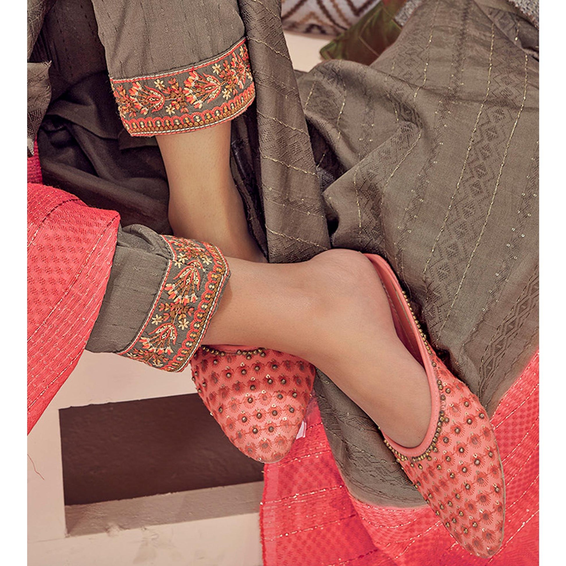 Coffee Embroidered With Embellished Chiffon Kurti Pant Set With Dupatta