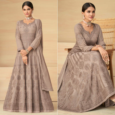 Coffee Embroidery With Embellished Work Georgette Partywear Gown