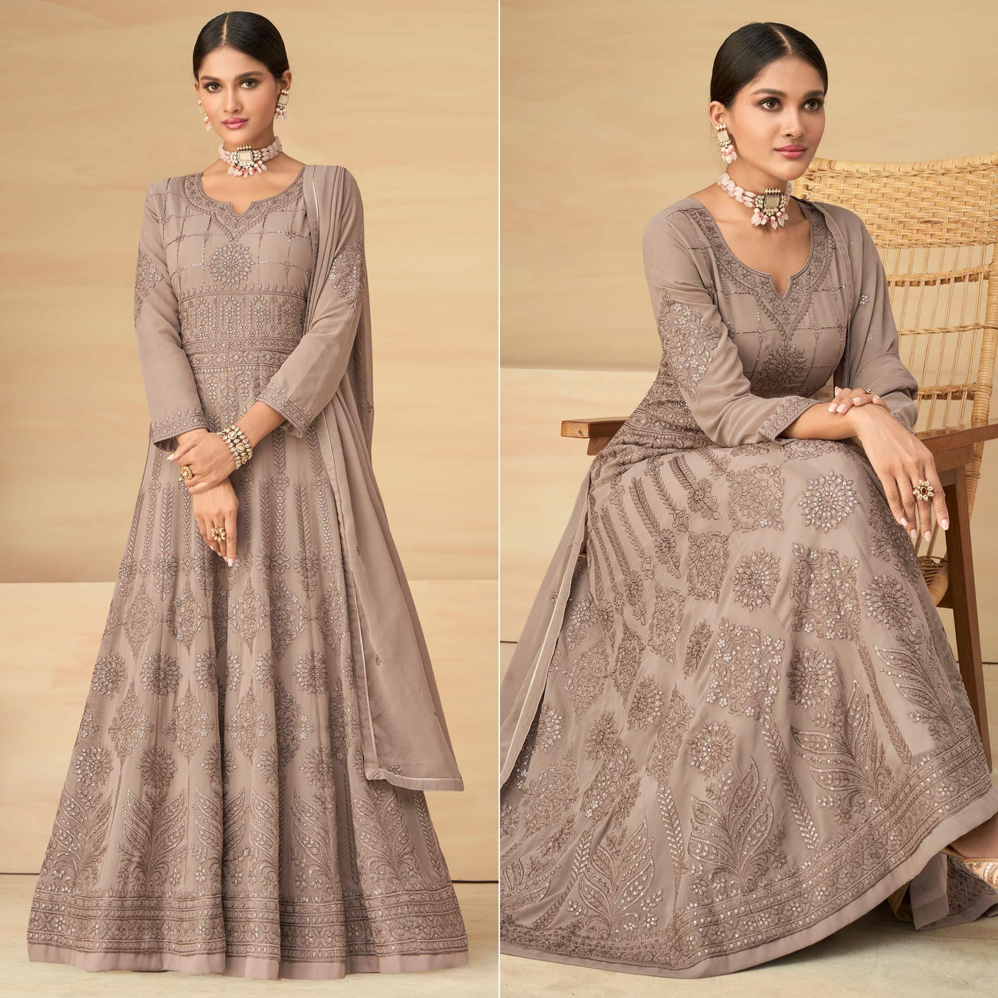 Coffee Embroidery With Embellished Work Georgette Partywear Gown