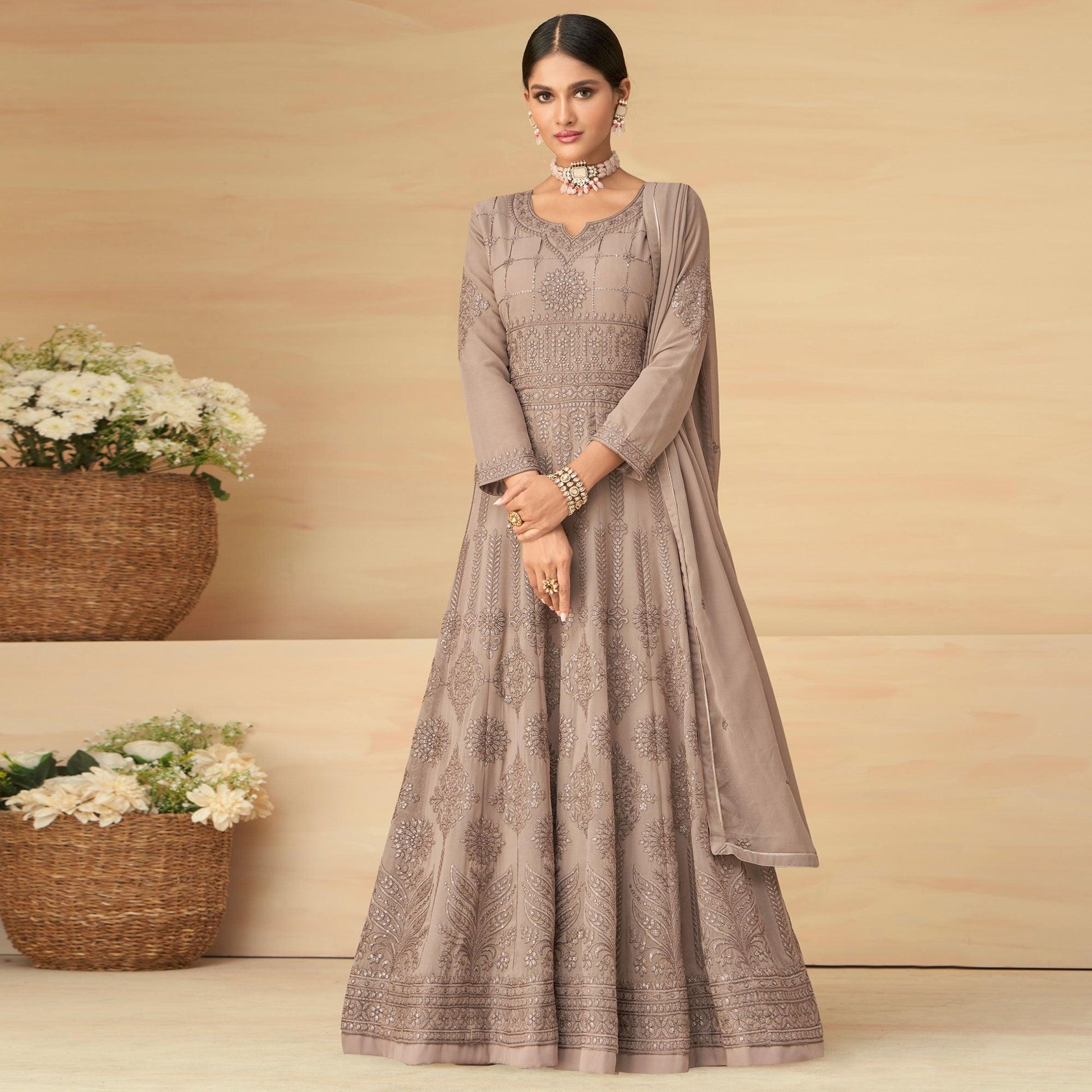 Coffee Embroidery With Embellished Work Georgette Partywear Gown