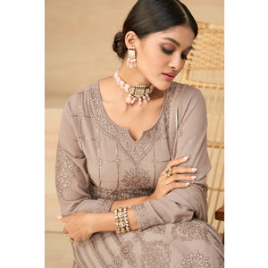 Coffee Embroidery With Embellished Work Georgette Partywear Gown