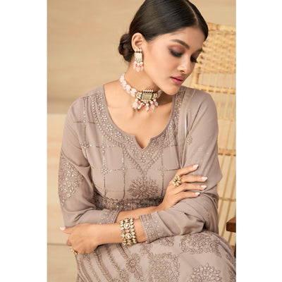 Coffee Embroidery With Embellished Work Georgette Partywear Gown