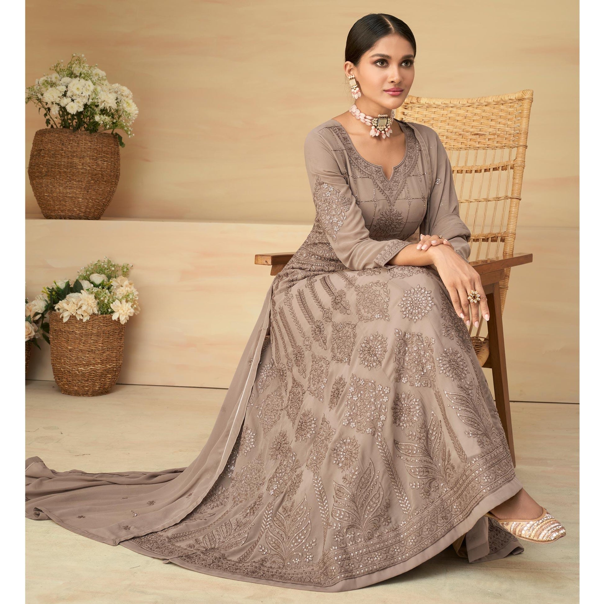 Coffee Embroidery With Embellished Work Georgette Partywear Gown
