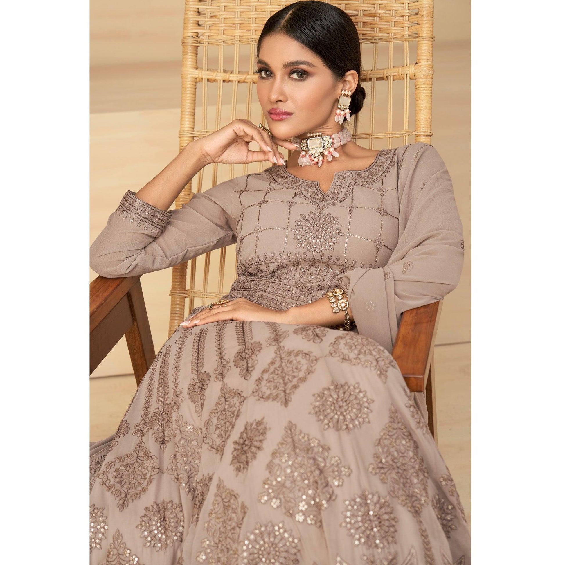 Coffee Embroidery With Embellished Work Georgette Partywear Gown