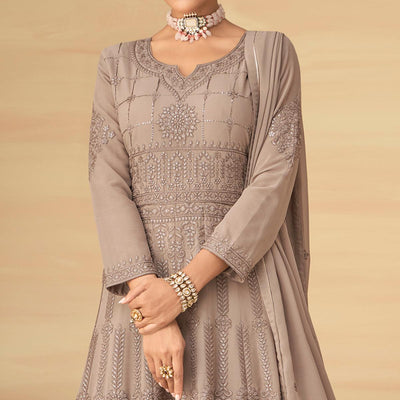Coffee Embroidery With Embellished Work Georgette Partywear Gown