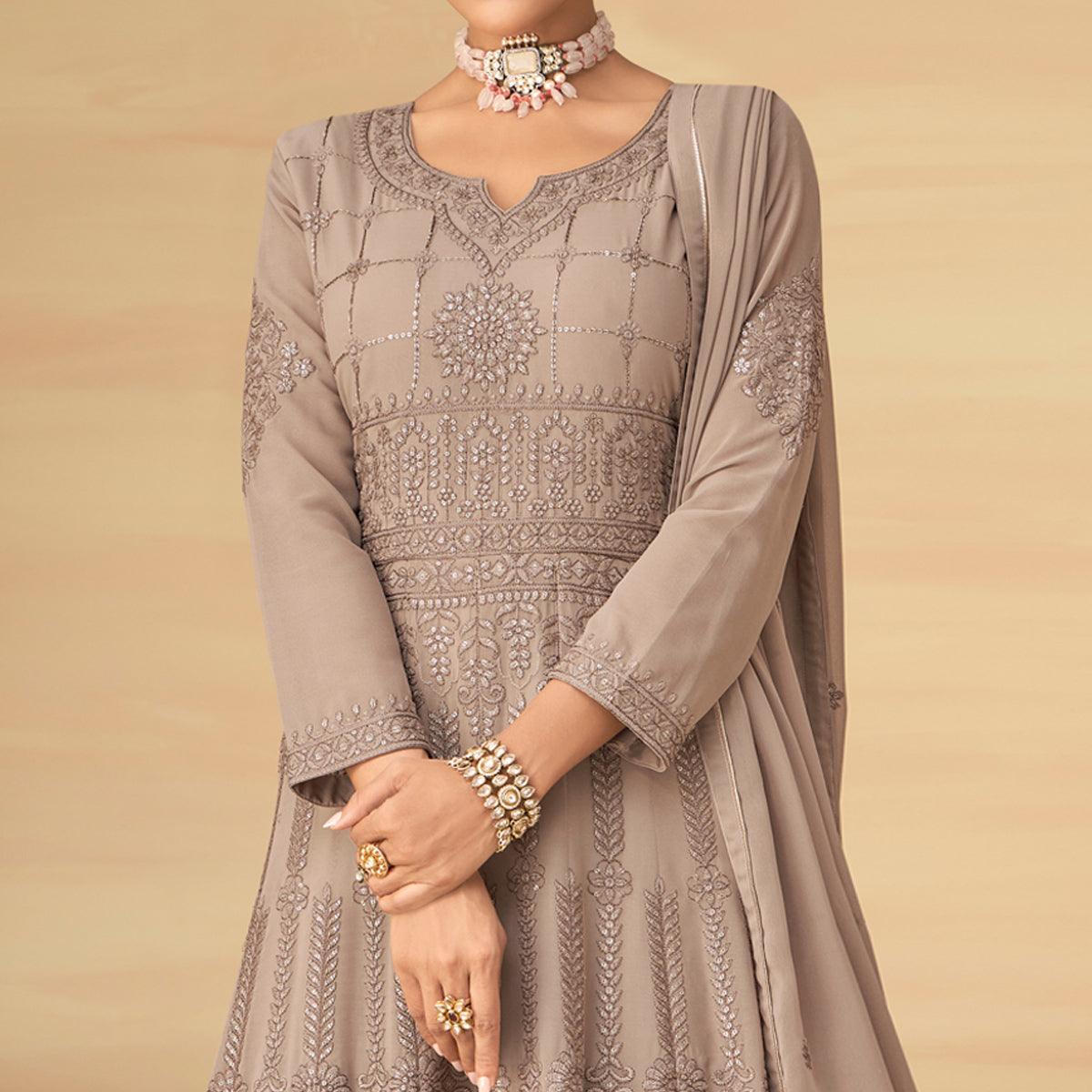 Coffee Embroidery With Embellished Work Georgette Partywear Gown