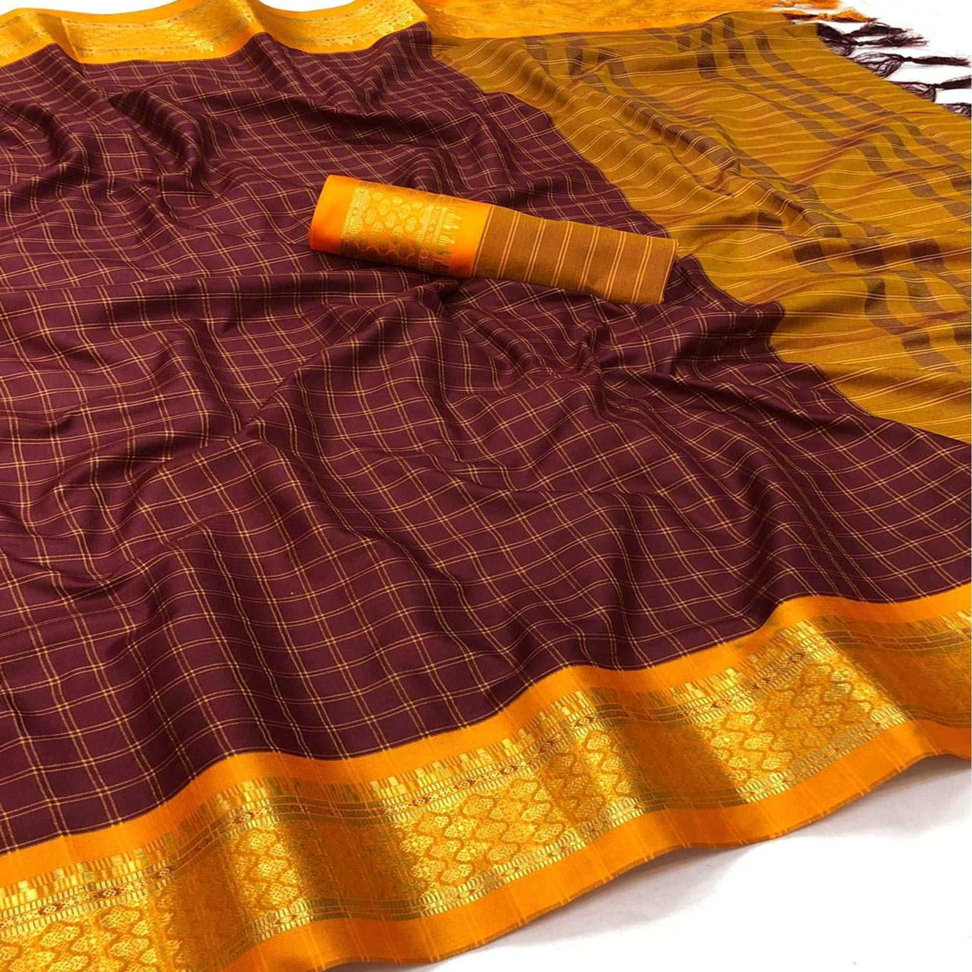 Coffee Festive Wear Checks With Woven Border Cotton Silk Saree