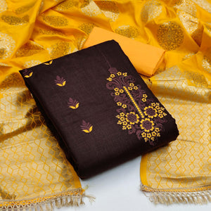 Coffee Festive Wear Embroidered Cotton Dress Material