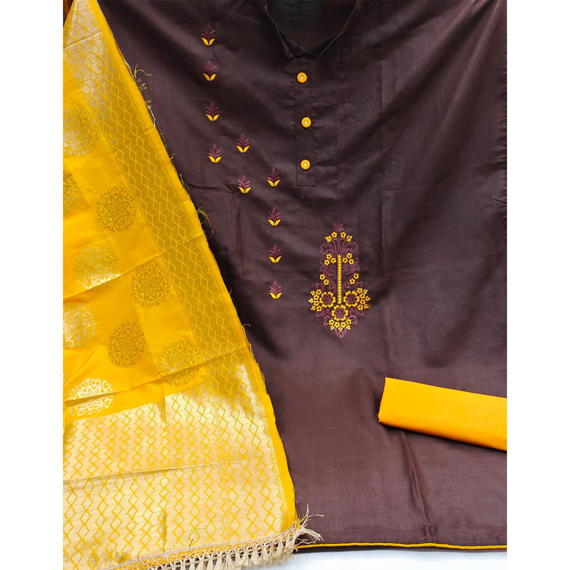 Coffee Festive Wear Embroidered Cotton Dress Material