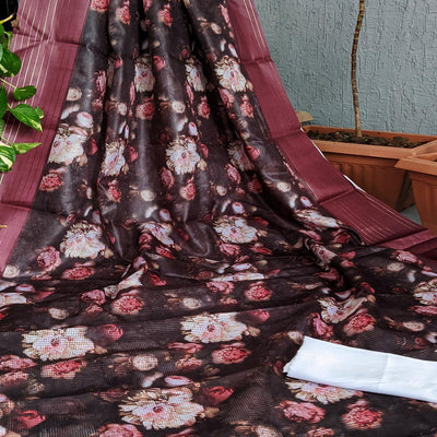 Coffee Festive Wear Floral Digital Print With Woven Border Silk Saree