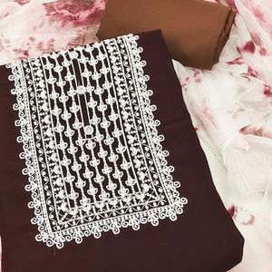 Coffee Floral Embroidered Georgette Dress Material