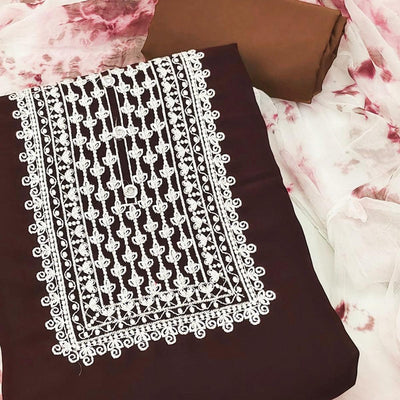 Coffee Floral Embroidered Georgette Dress Material