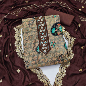 Coffee Floral Printed With Embellished Pure Cotton Dress Material