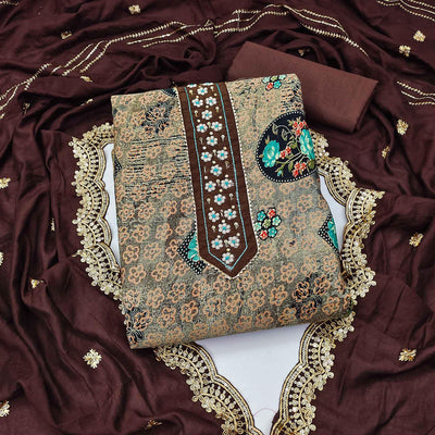 Coffee Floral Printed With Embellished Pure Cotton Dress Material