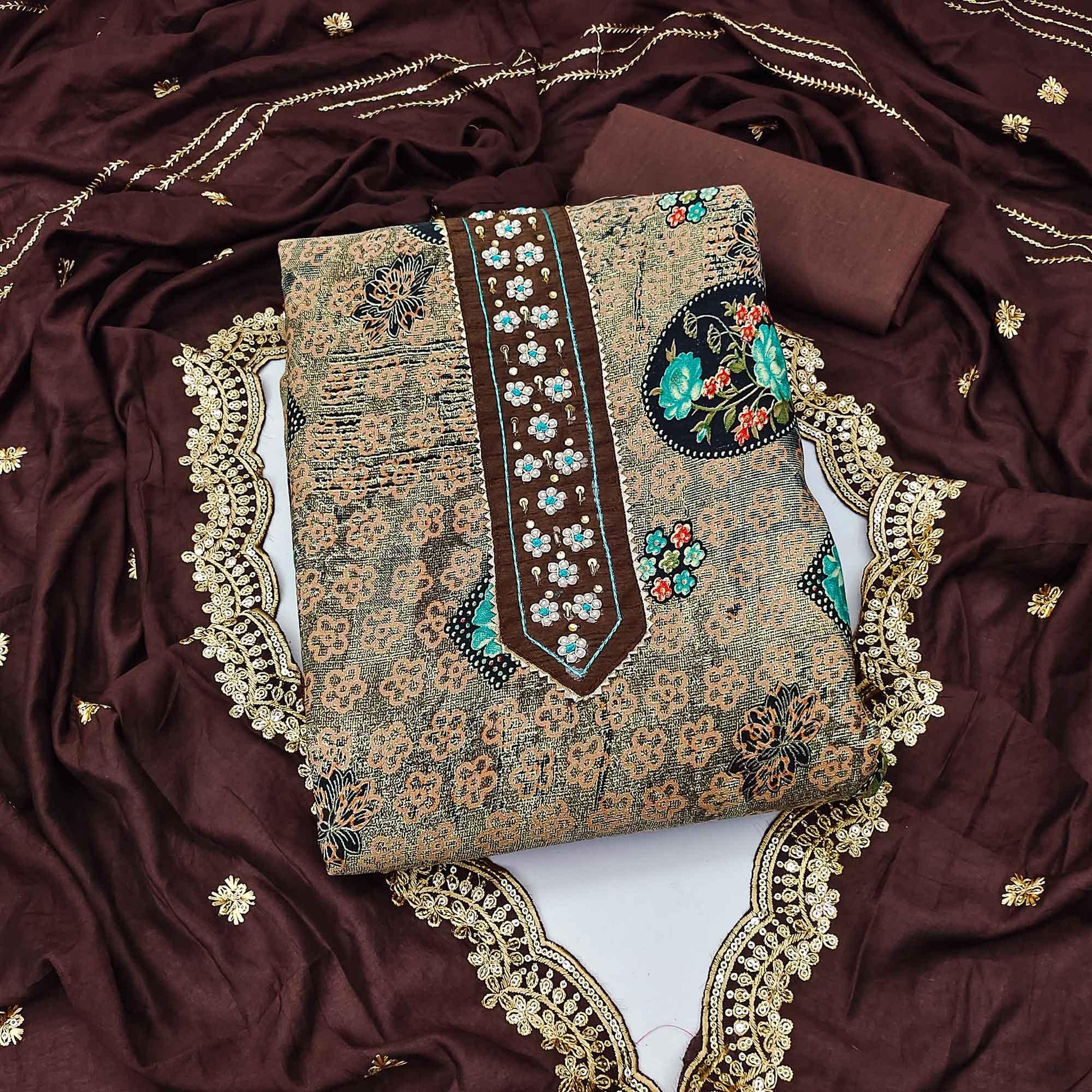 Coffee Floral Printed With Embellished Pure Cotton Dress Material