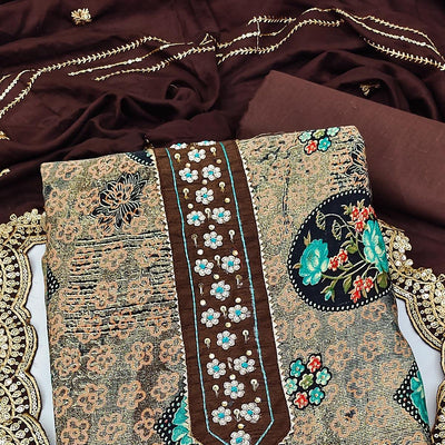 Coffee Floral Printed With Embellished Pure Cotton Dress Material