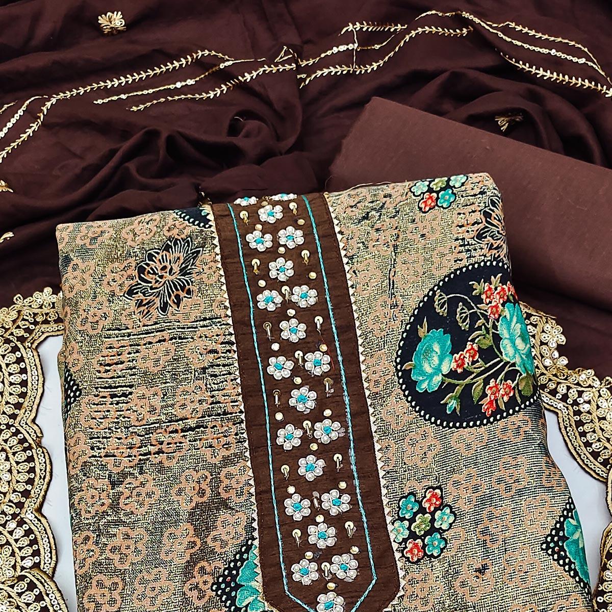 Coffee Floral Printed With Embellished Pure Cotton Dress Material
