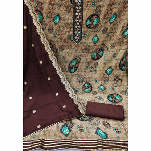 Coffee Floral Printed With Embellished Pure Cotton Dress Material