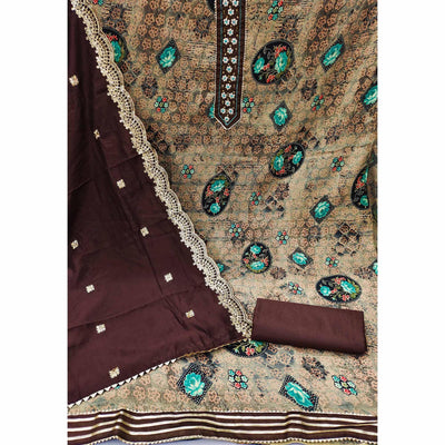 Coffee Floral Printed With Embellished Pure Cotton Dress Material