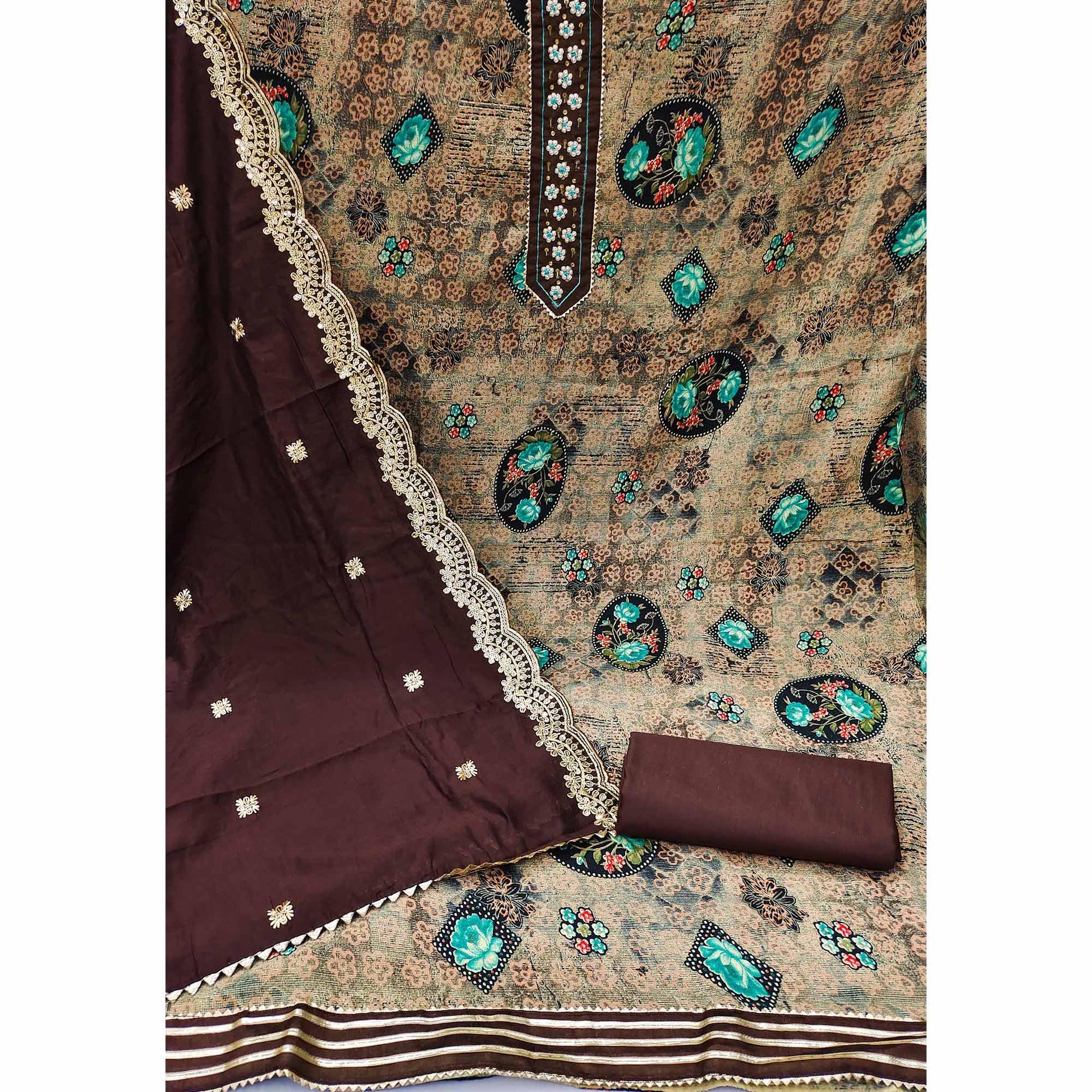 Coffee Floral Printed With Embellished Pure Cotton Dress Material