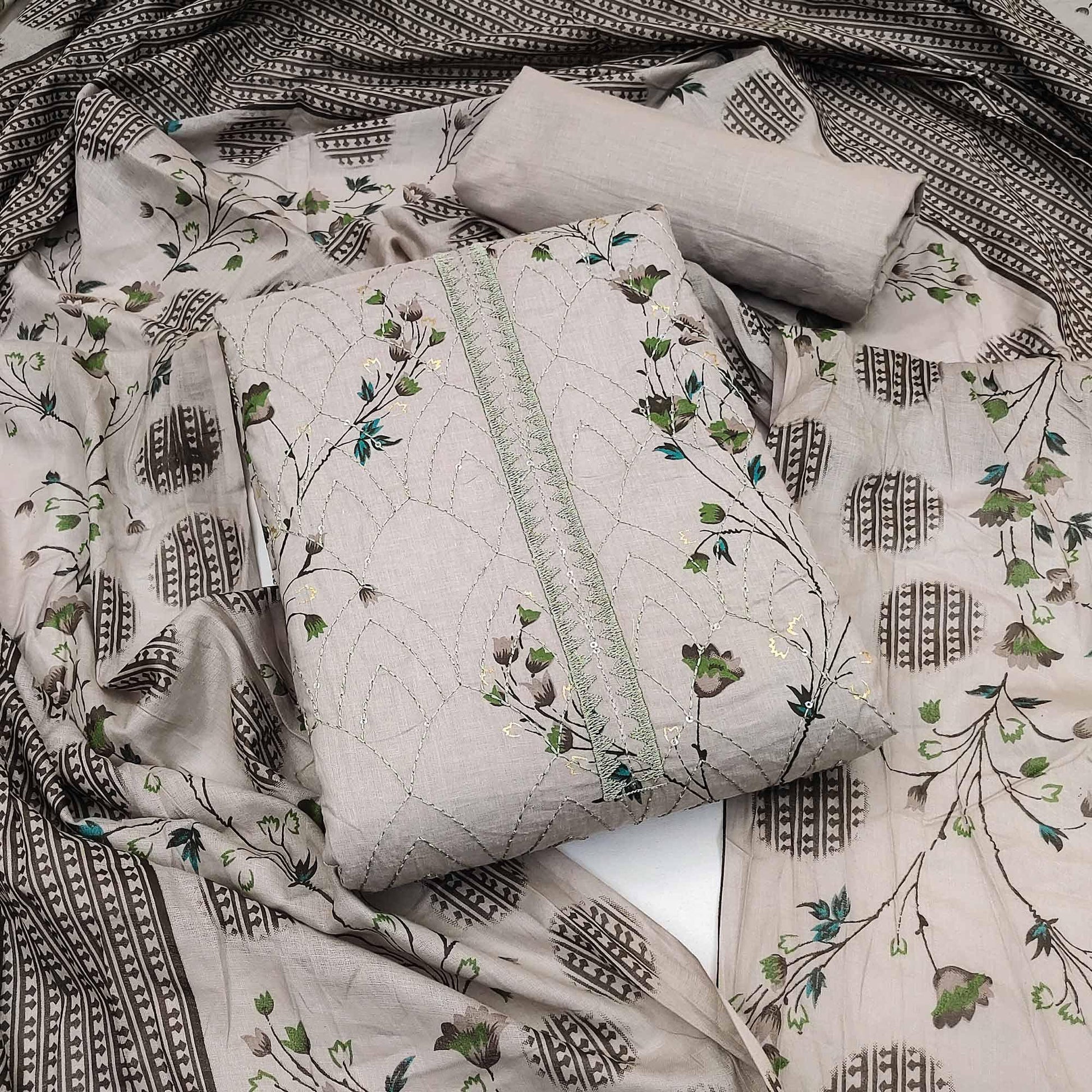 Coffee Floral Printed With Embroidered Pure Cotton Dress Material