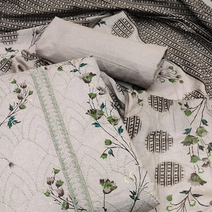 Coffee Floral Printed With Embroidered Pure Cotton Dress Material